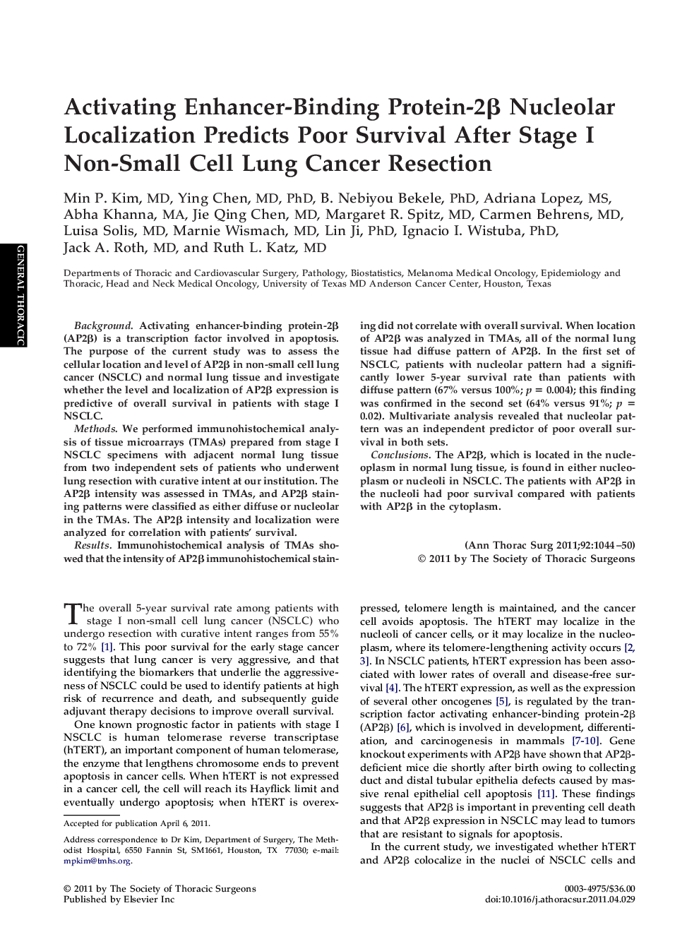 Activating Enhancer-Binding Protein-2Î² Nucleolar Localization Predicts Poor Survival After Stage I Non-Small Cell Lung Cancer Resection