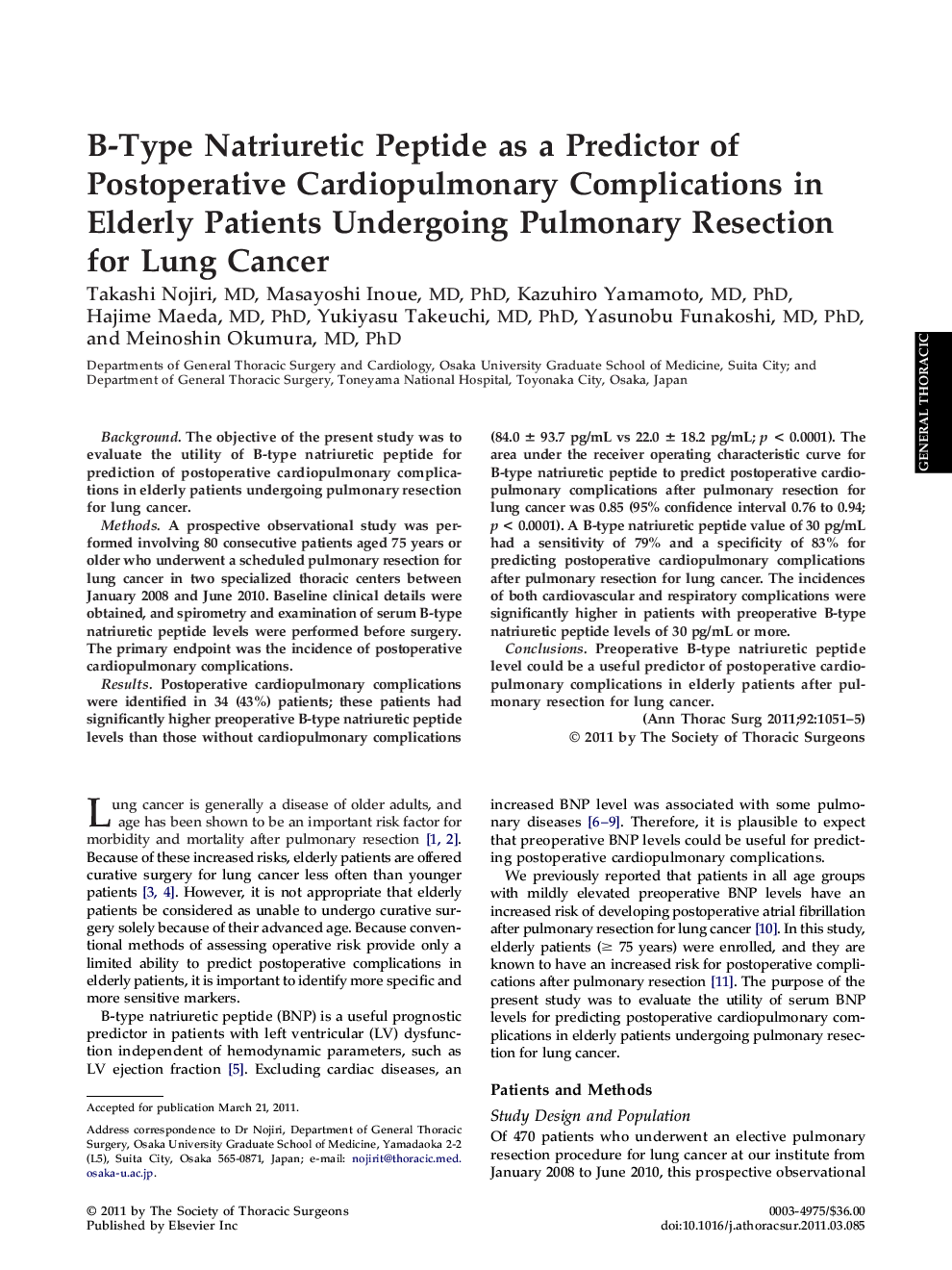 عکس صفحه اول مقاله: B-Type Natriuretic Peptide as a Predictor of Postoperative Cardiopulmonary Complications in Elderly Patients Undergoing Pulmonary Resection for Lung Cancer B-Type Natriuretic Peptide as a Predictor of Postoperative Cardiopulmonary Complications in Elderly Patients Undergoing Pulmonary Resection for Lung Cancer
