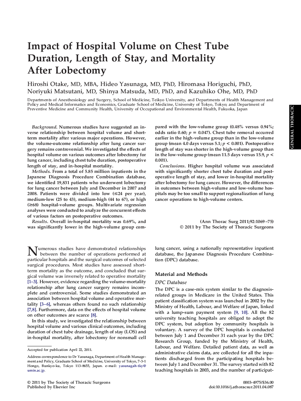 عکس صفحه اول مقاله: Impact of Hospital Volume on Chest Tube Duration, Length of Stay, and Mortality After Lobectomy Impact of Hospital Volume on Chest Tube Duration, Length of Stay, and Mortality After Lobectomy