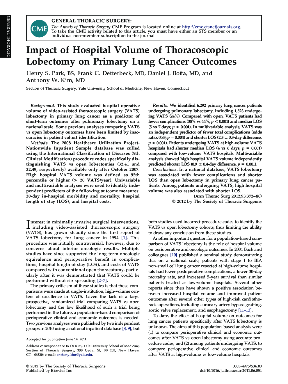 Impact of Hospital Volume of Thoracoscopic Lobectomy on Primary Lung Cancer Outcomes