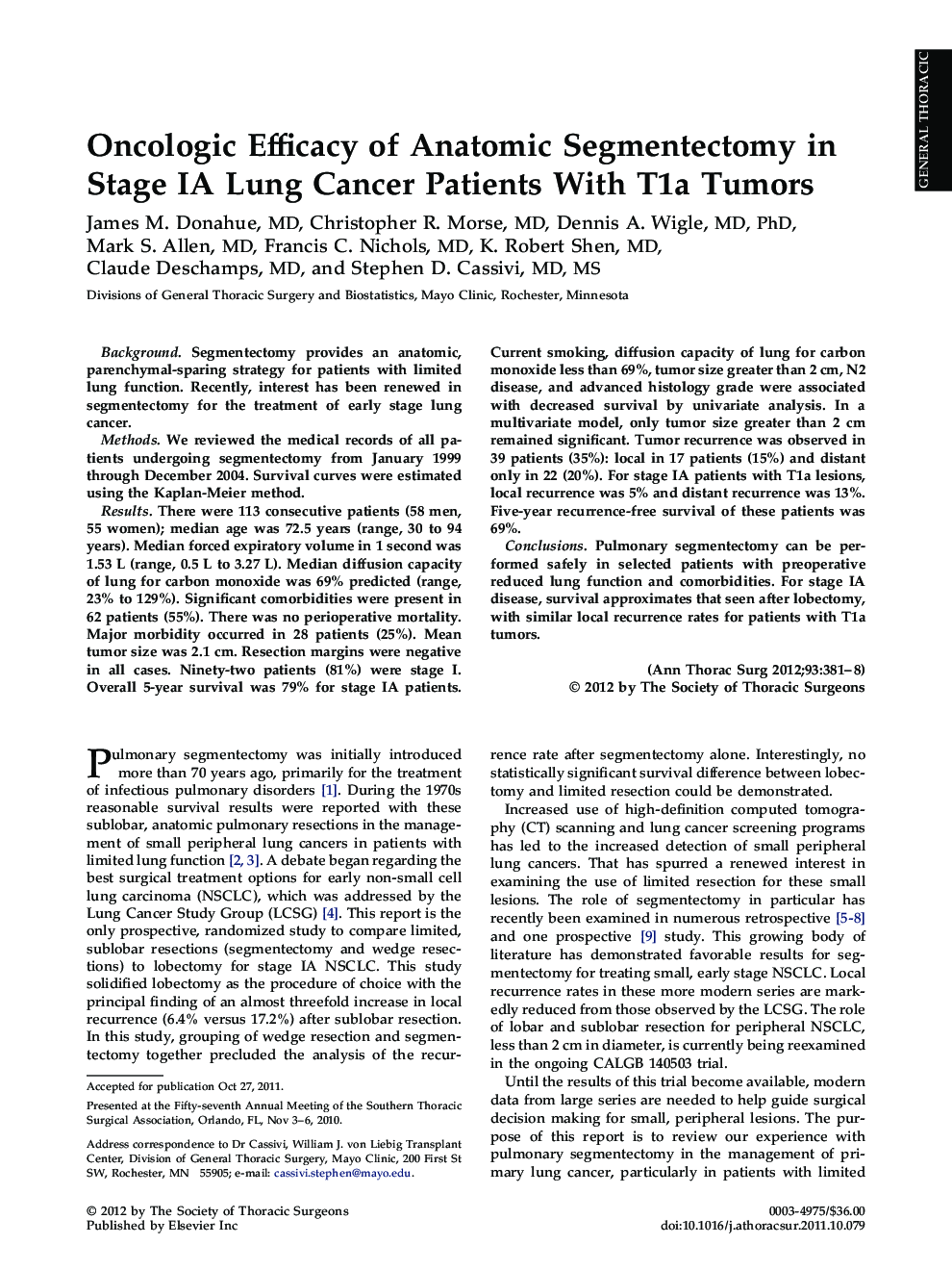 Oncologic Efficacy of Anatomic Segmentectomy in Stage IA Lung Cancer Patients With T1a Tumors