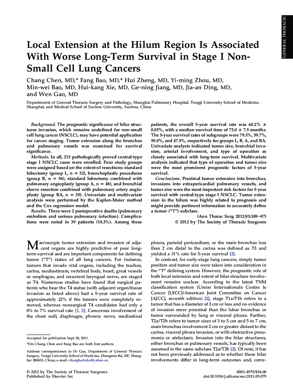Local Extension at the Hilum Region Is Associated With Worse Long-Term Survival in Stage I Non-Small Cell Lung Cancers