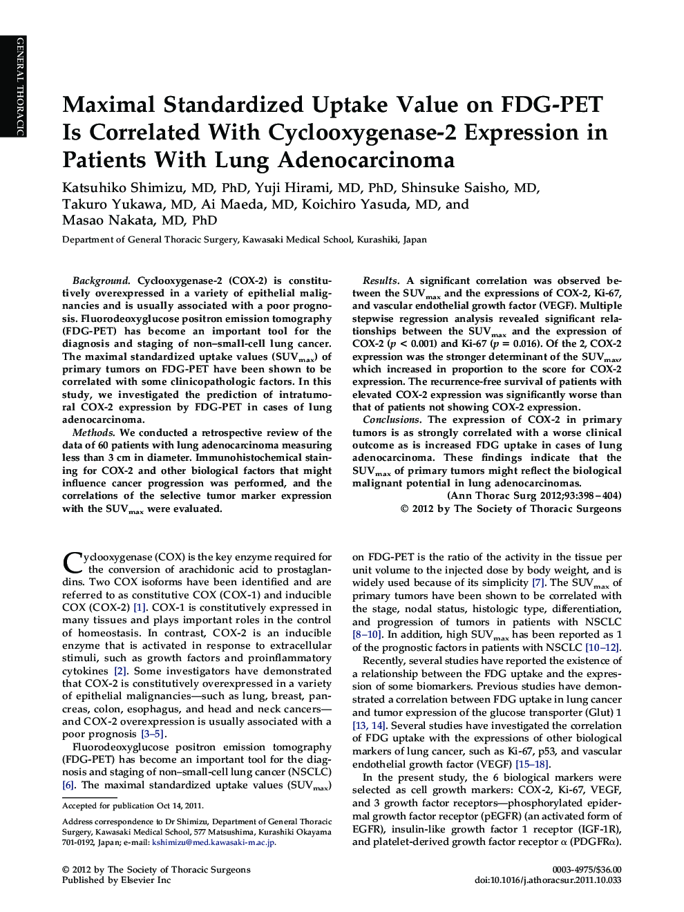 Maximal Standardized Uptake Value on FDG-PET Is Correlated With Cyclooxygenase-2 Expression in Patients With Lung Adenocarcinoma
