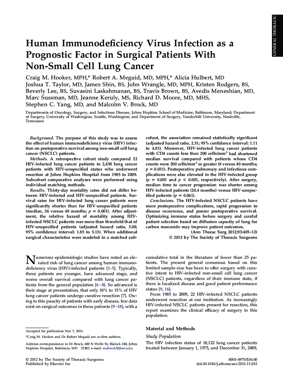 Human Immunodeficiency Virus Infection as a Prognostic Factor in Surgical Patients With Non-Small Cell Lung Cancer