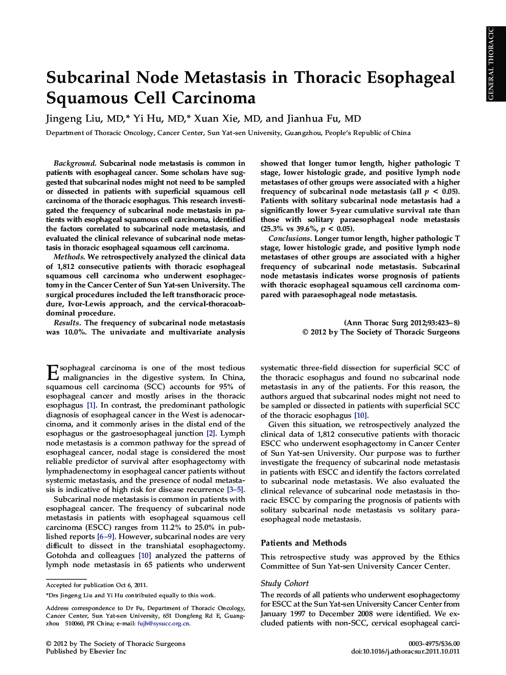 Subcarinal Node Metastasis in Thoracic Esophageal Squamous Cell Carcinoma