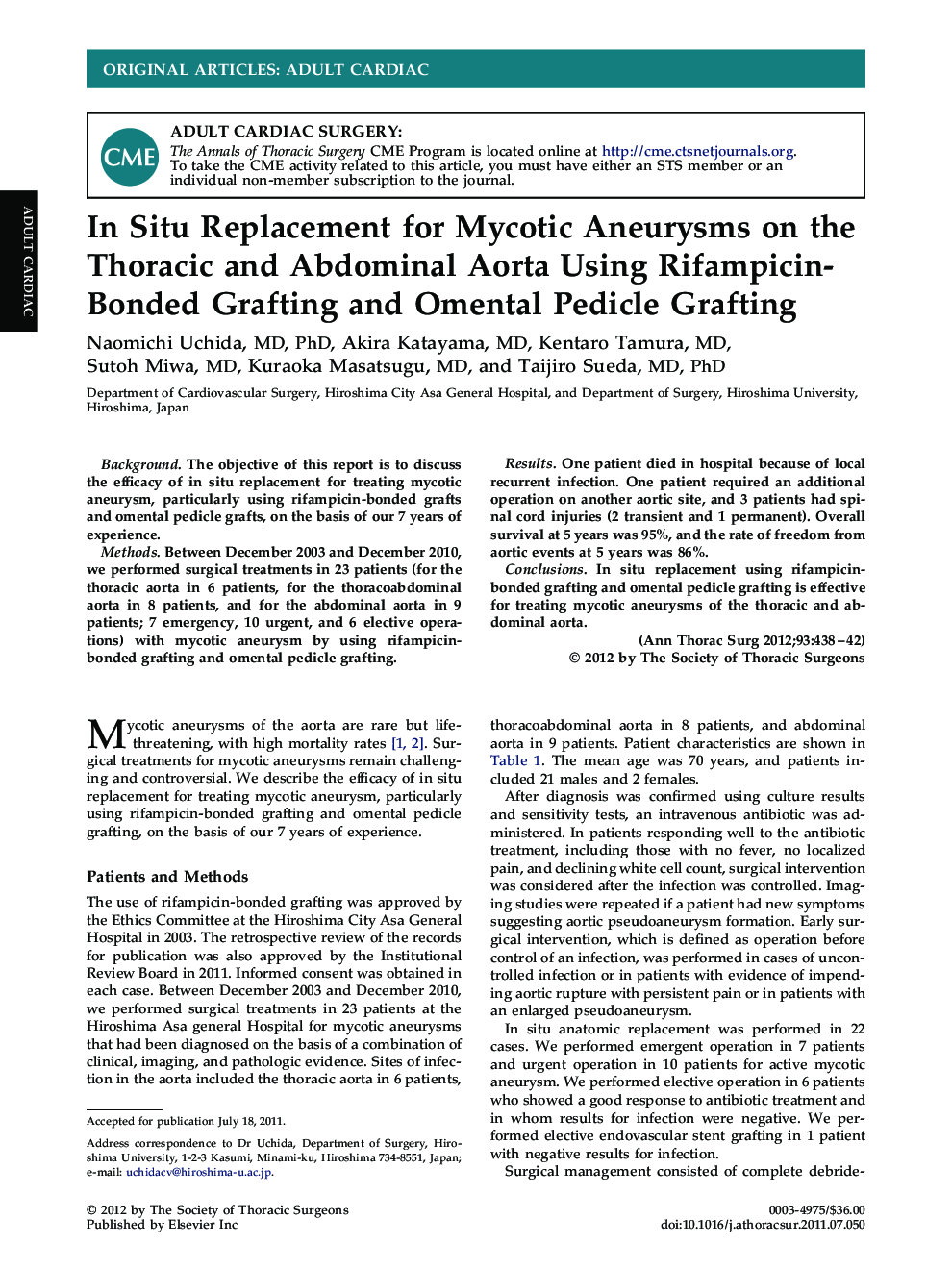 In Situ Replacement for Mycotic Aneurysms on the Thoracic and Abdominal Aorta Using Rifampicin-Bonded Grafting and Omental Pedicle Grafting