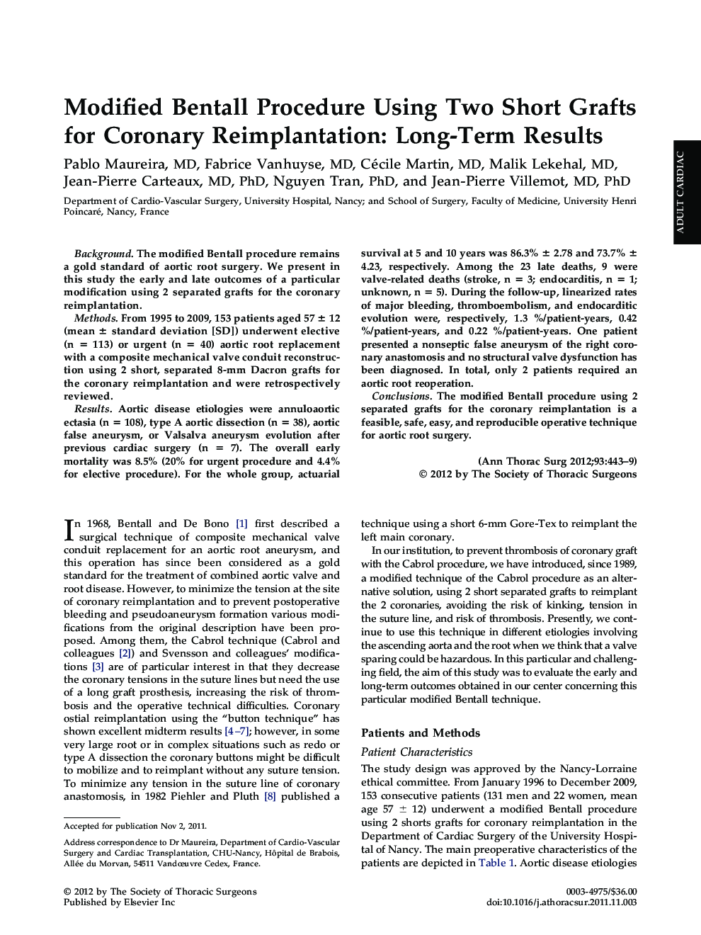 Modified Bentall Procedure Using Two Short Grafts for Coronary Reimplantation: Long-Term Results