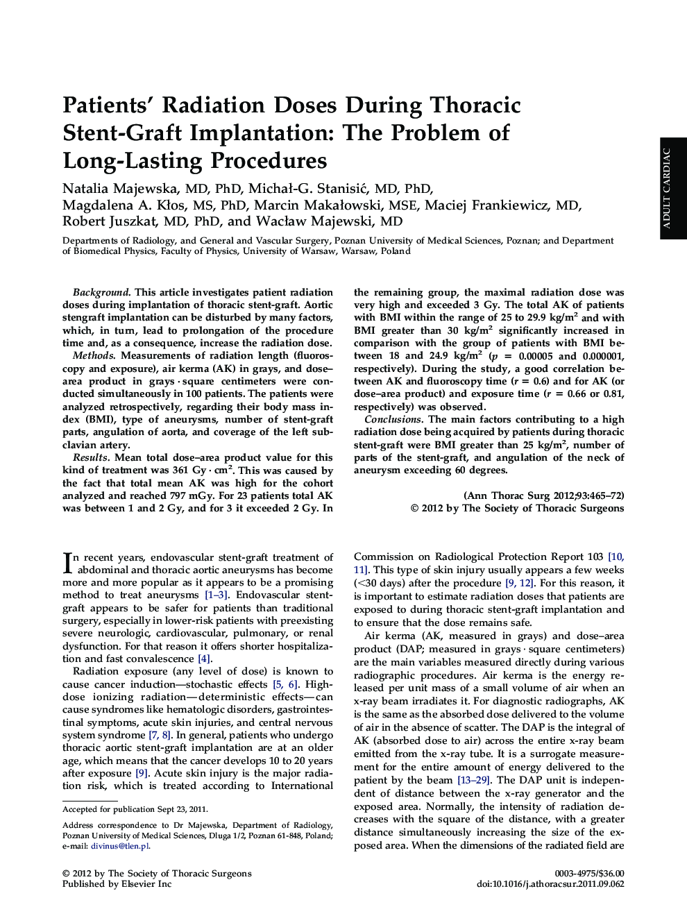 Patients' Radiation Doses During Thoracic Stent-Graft Implantation: The Problem of Long-Lasting Procedures