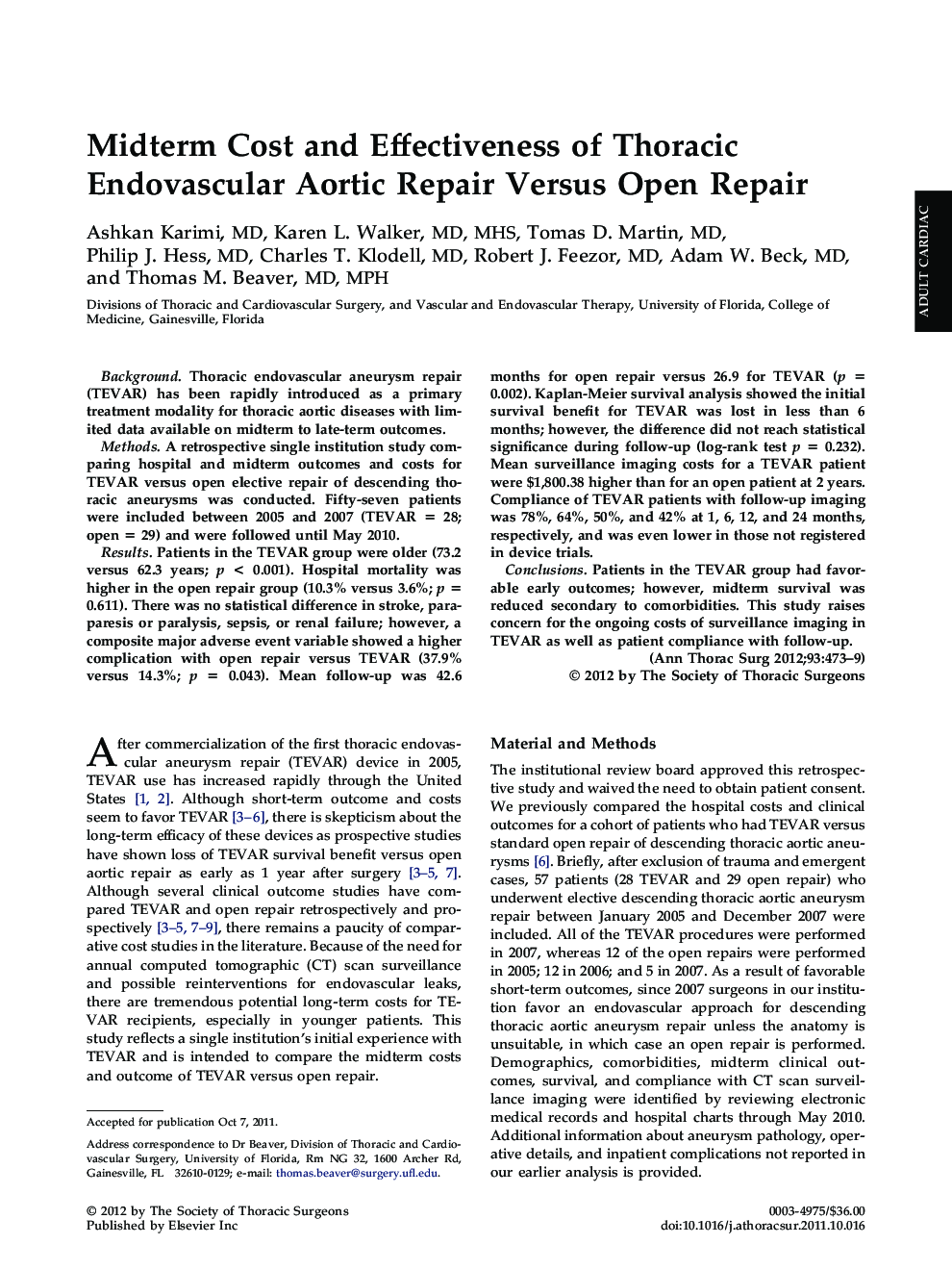 Midterm Cost and Effectiveness of Thoracic Endovascular Aortic Repair Versus Open Repair