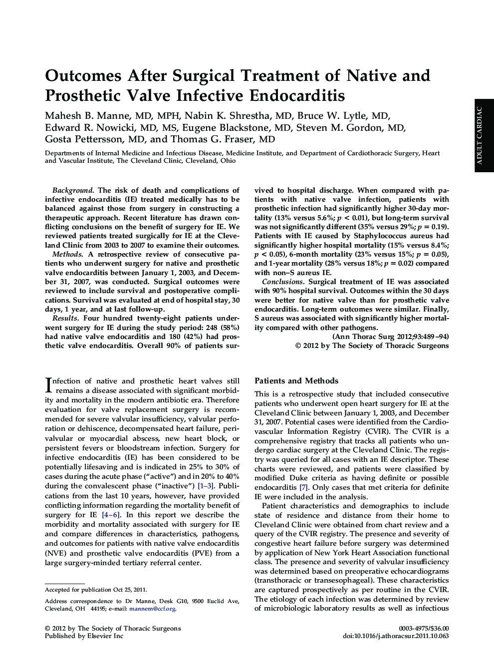 Outcomes After Surgical Treatment of Native and Prosthetic Valve Infective Endocarditis