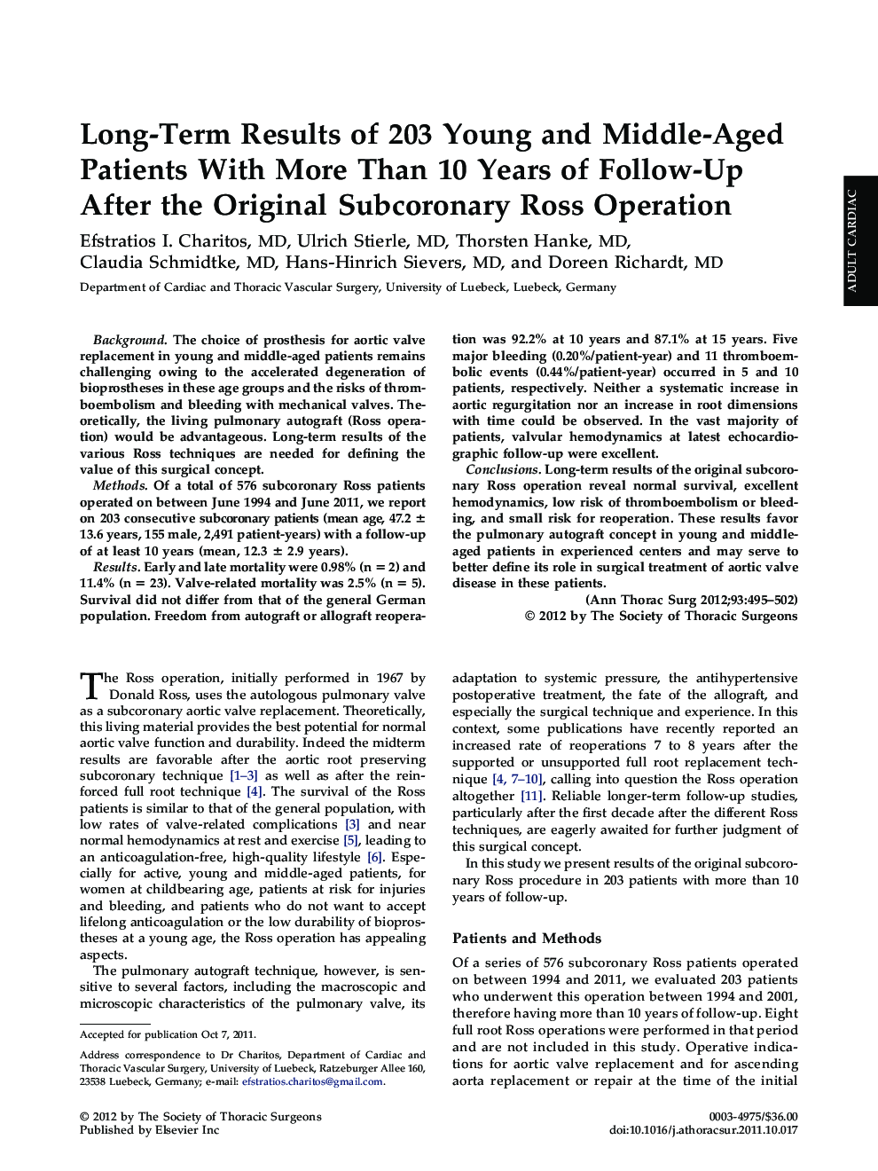 Long-Term Results of 203 Young and Middle-Aged Patients With More Than 10 Years of Follow-Up After the Original Subcoronary Ross Operation