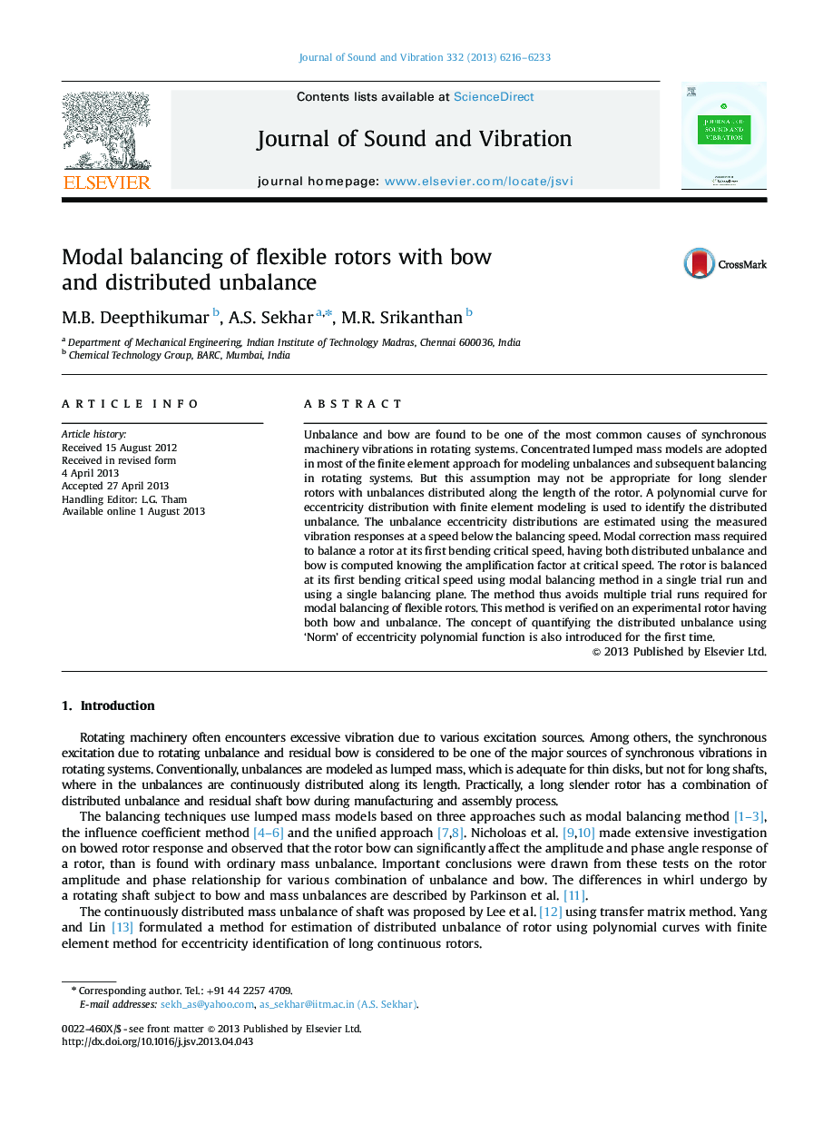 Modal balancing of flexible rotors with bow and distributed unbalance