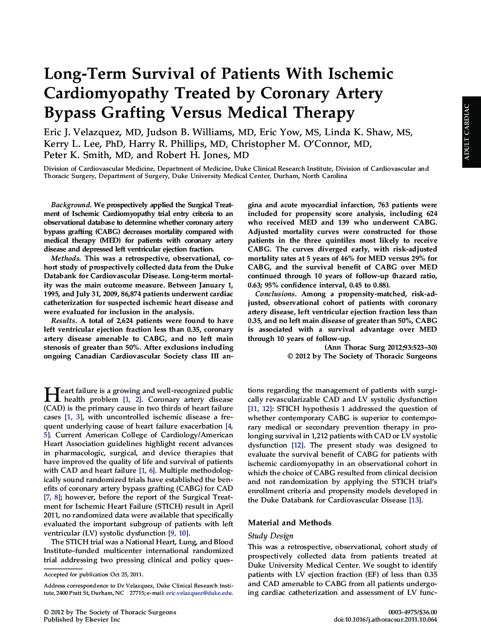 Long-Term Survival of Patients With Ischemic Cardiomyopathy Treated by Coronary Artery Bypass Grafting Versus Medical Therapy