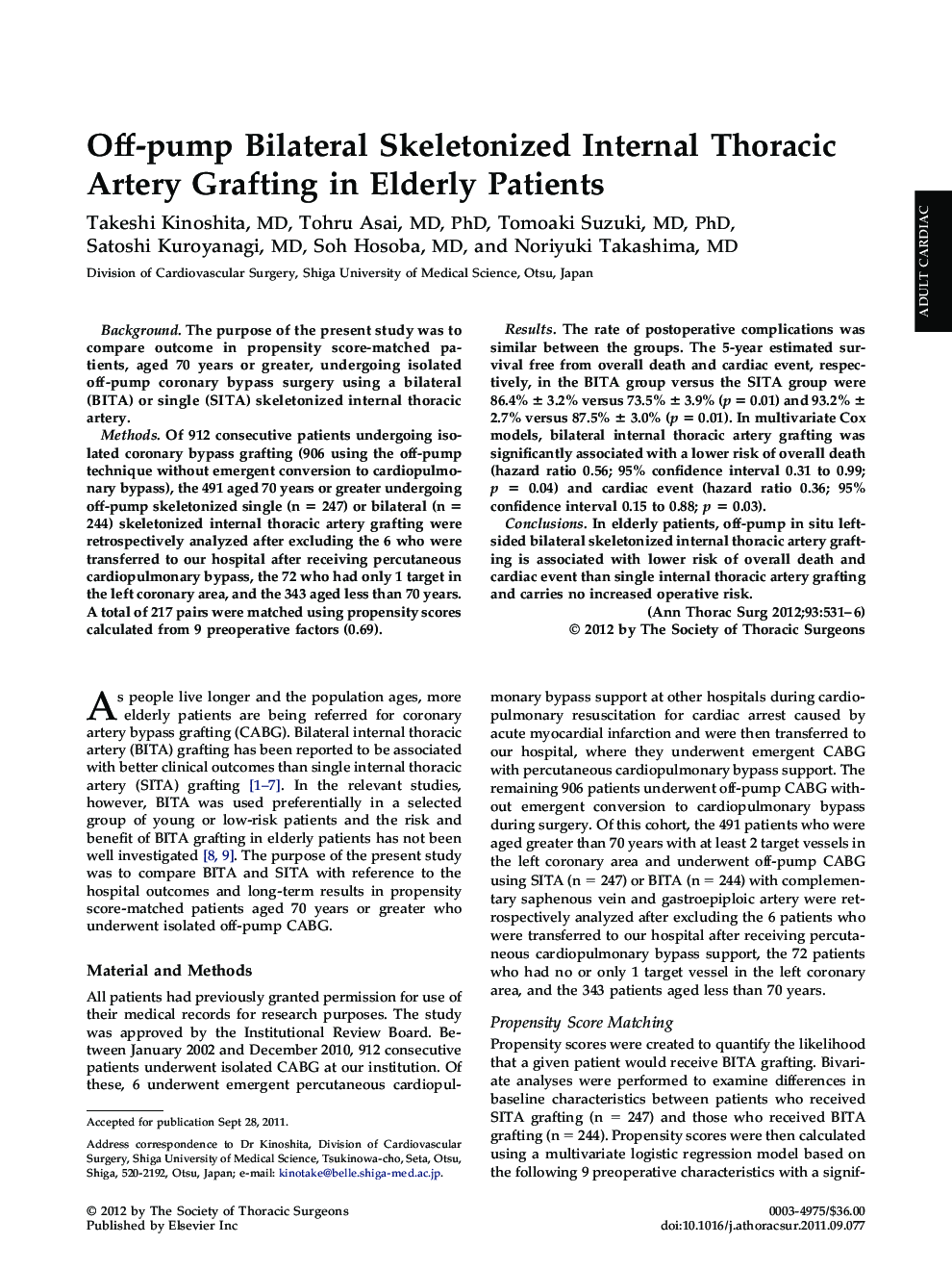 Off-pump Bilateral Skeletonized Internal Thoracic Artery Grafting in Elderly Patients