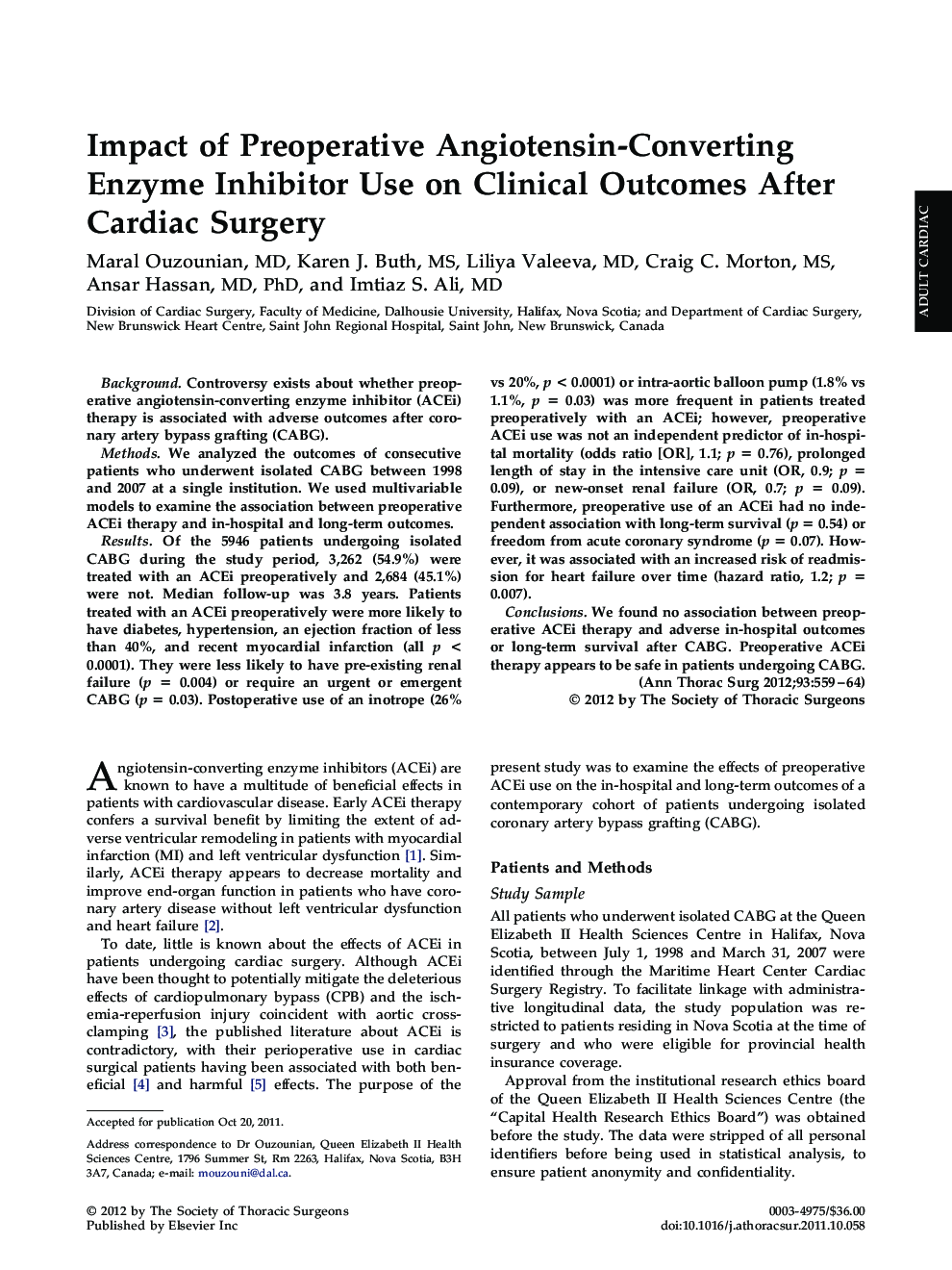 Impact of Preoperative Angiotensin-Converting Enzyme Inhibitor Use on Clinical Outcomes After Cardiac Surgery