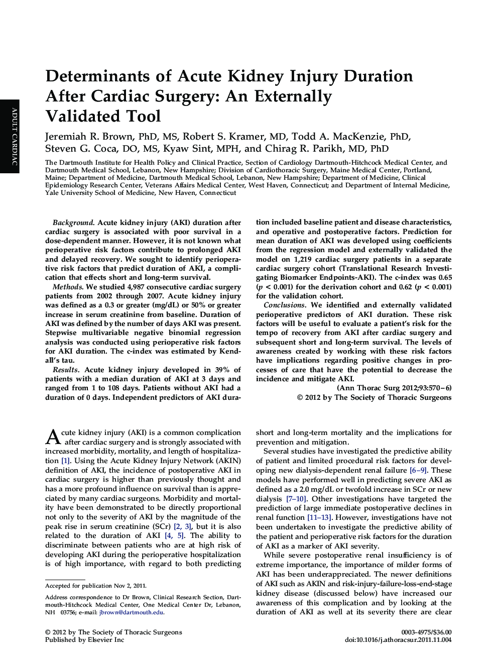 Determinants of Acute Kidney Injury Duration After Cardiac Surgery: An Externally Validated Tool