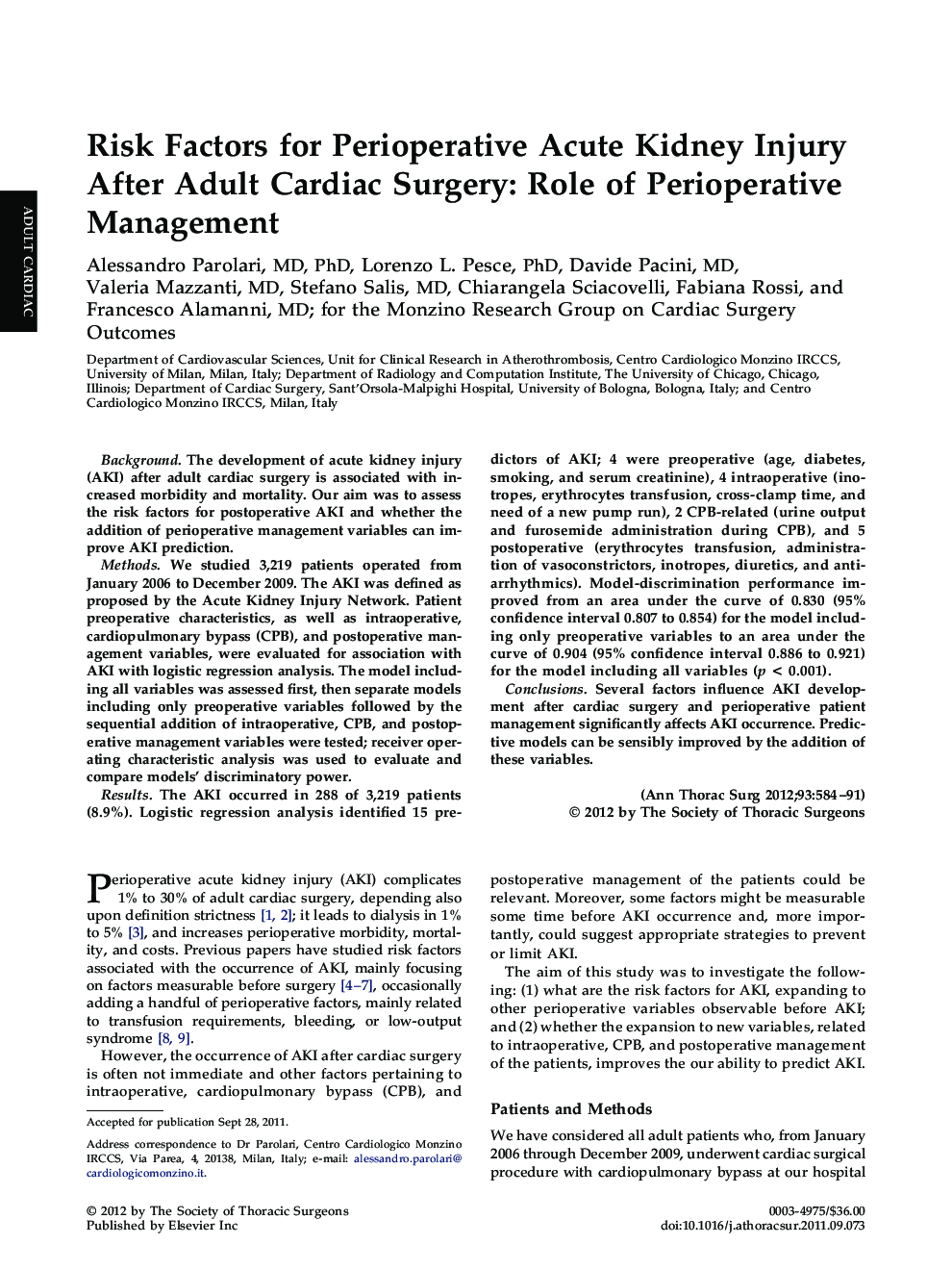 Risk Factors for Perioperative Acute Kidney Injury After Adult Cardiac Surgery: Role of Perioperative Management