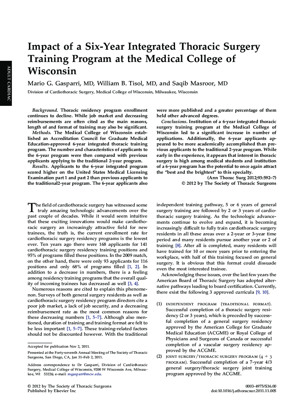 Impact of a Six-Year Integrated Thoracic Surgery Training Program at the Medical College of Wisconsin