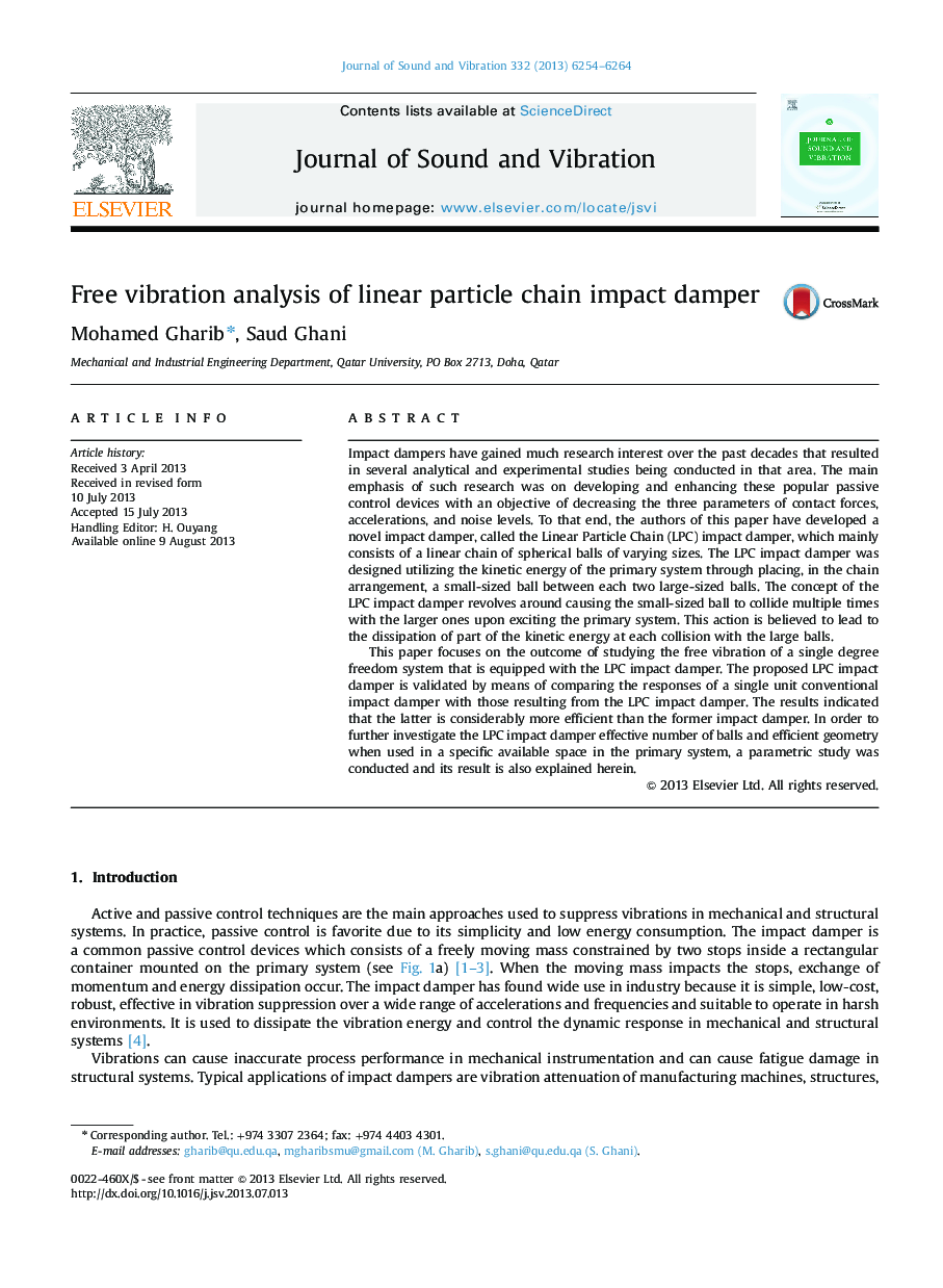 Free vibration analysis of linear particle chain impact damper