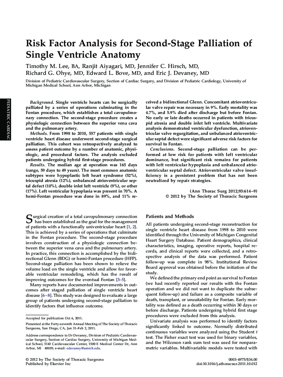 Risk Factor Analysis for Second-Stage Palliation of Single Ventricle Anatomy