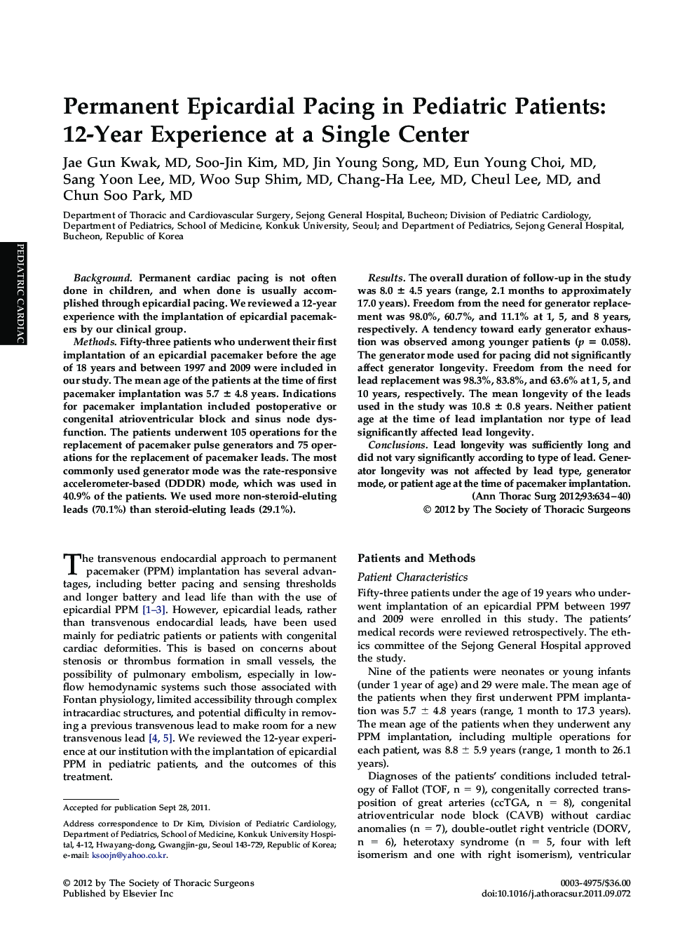 Permanent Epicardial Pacing in Pediatric Patients: 12-Year Experience at a Single Center