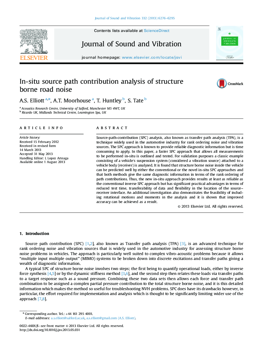 In-situ source path contribution analysis of structure borne road noise