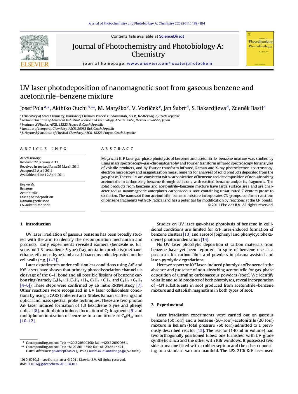UV laser photodeposition of nanomagnetic soot from gaseous benzene and acetonitrile–benzene mixture