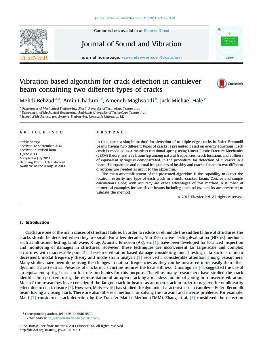 Vibration based algorithm for crack detection in cantilever beam containing two different types of cracks