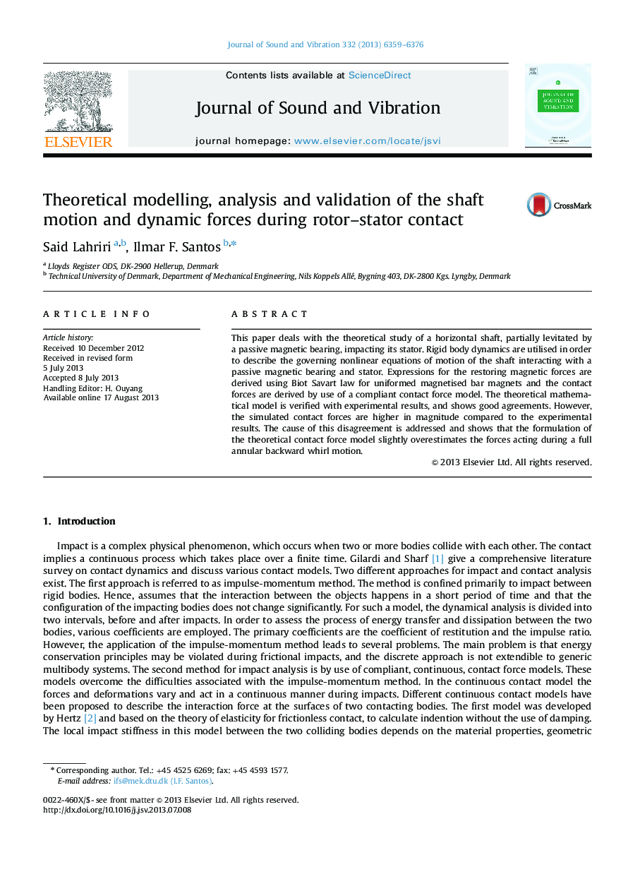 Theoretical modelling, analysis and validation of the shaft motion and dynamic forces during rotor–stator contact