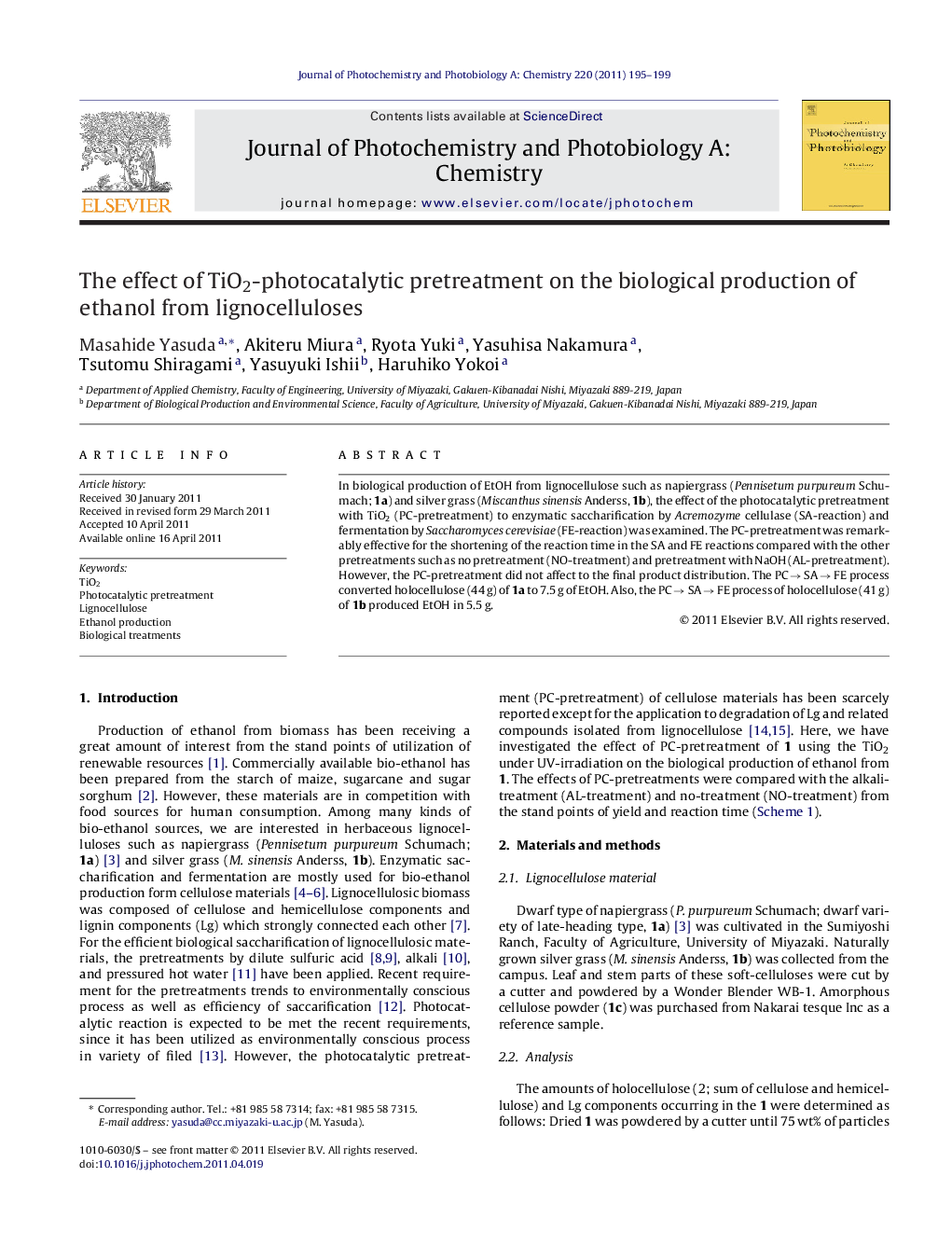 The effect of TiO2-photocatalytic pretreatment on the biological production of ethanol from lignocelluloses