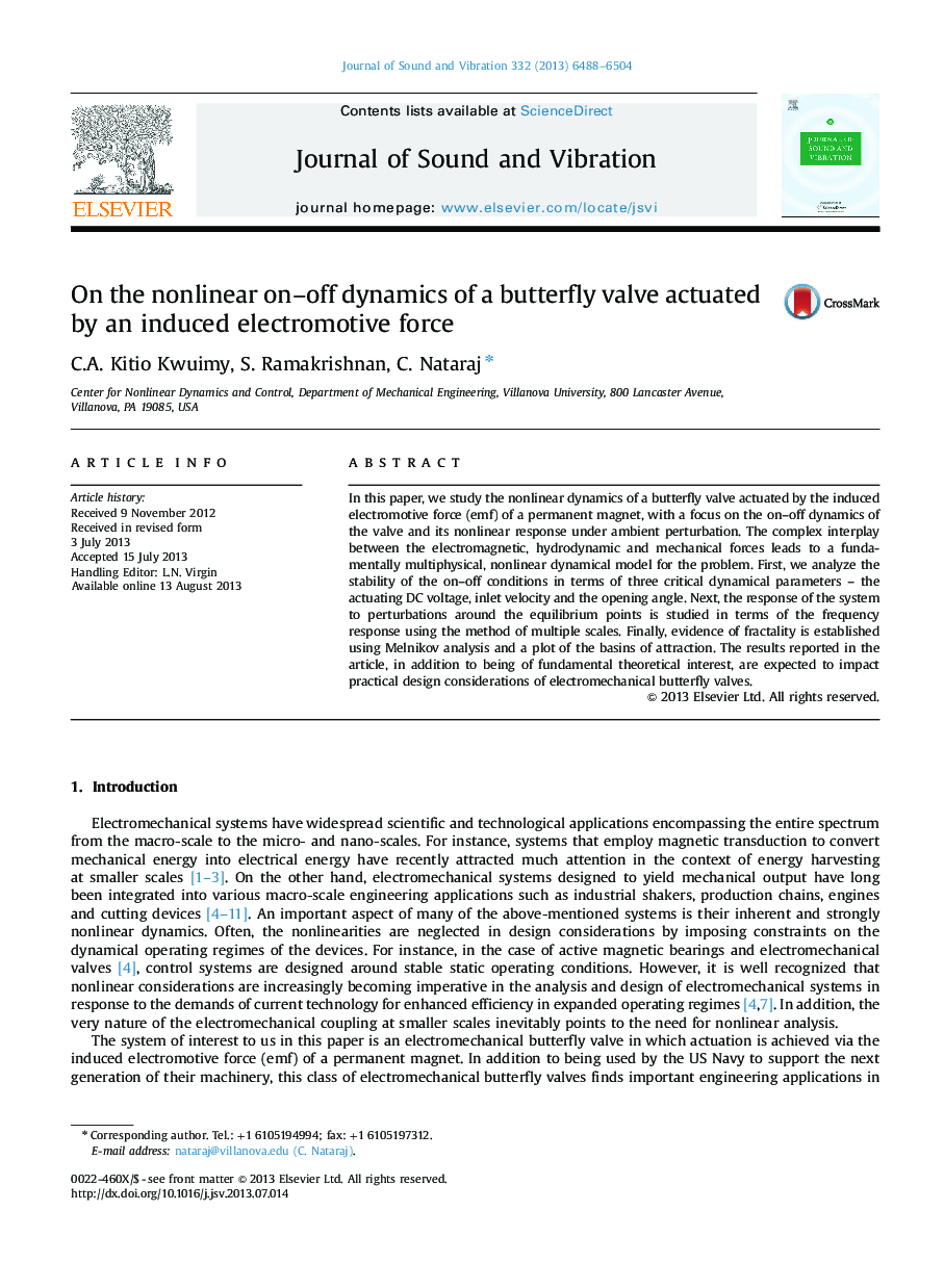 On the nonlinear on–off dynamics of a butterfly valve actuated by an induced electromotive force