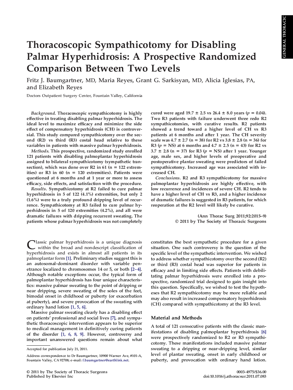 سمپاتیکوتومی توراکوسکوپی برای غیرفعال کردن هیپرگروئید پالمار: مقایسهای به صورت تصادفی چشمگیر بین دو سطح