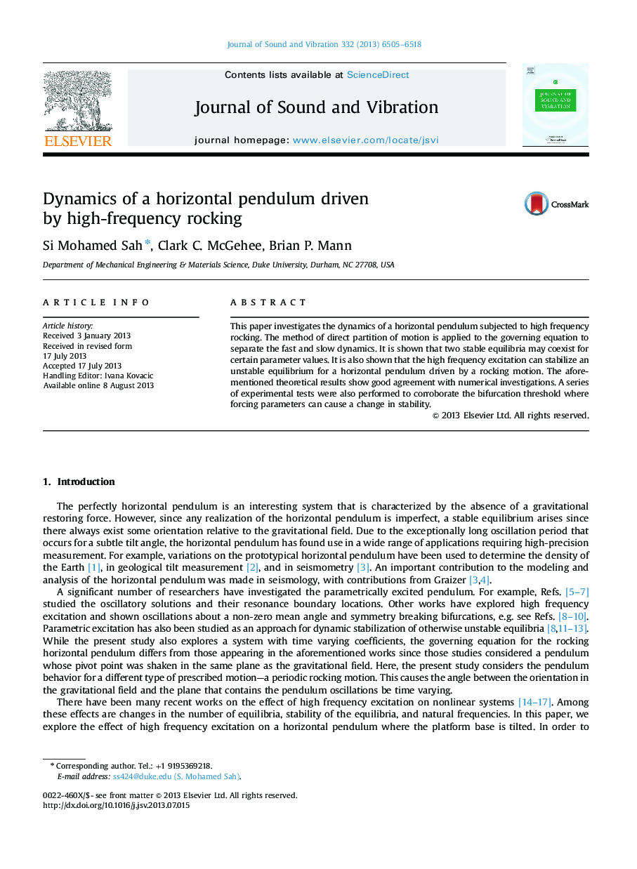 Dynamics of a horizontal pendulum driven by high-frequency rocking