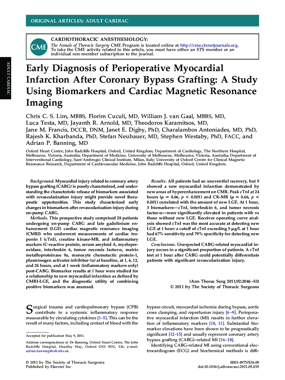 Early Diagnosis of Perioperative Myocardial Infarction After Coronary Bypass Grafting: A Study Using Biomarkers and Cardiac Magnetic Resonance Imaging