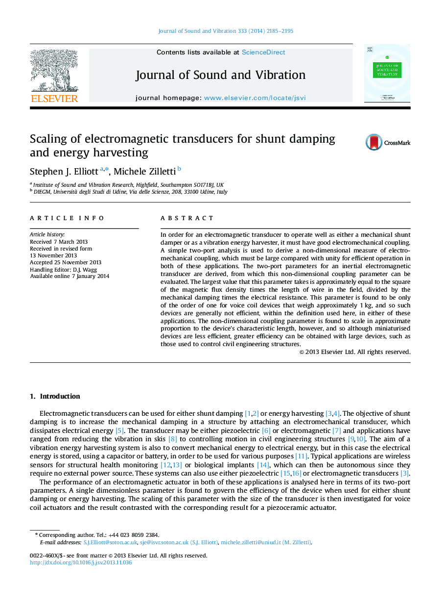 Scaling of electromagnetic transducers for shunt damping and energy harvesting