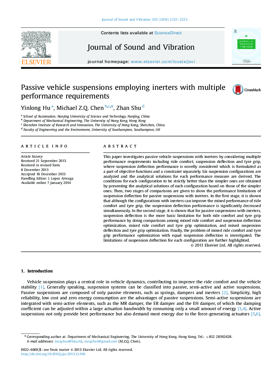 Passive vehicle suspensions employing inerters with multiple performance requirements