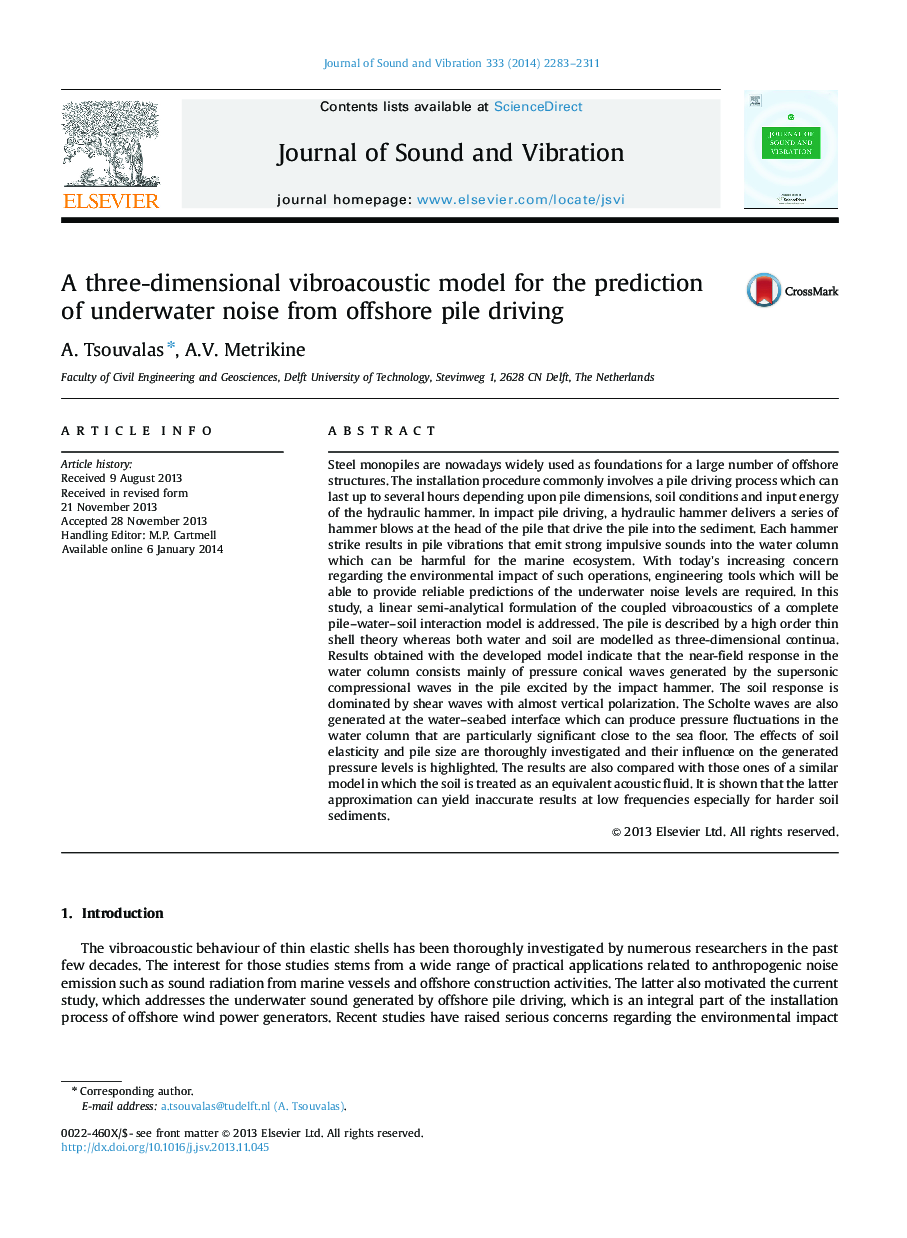 A three-dimensional vibroacoustic model for the prediction of underwater noise from offshore pile driving