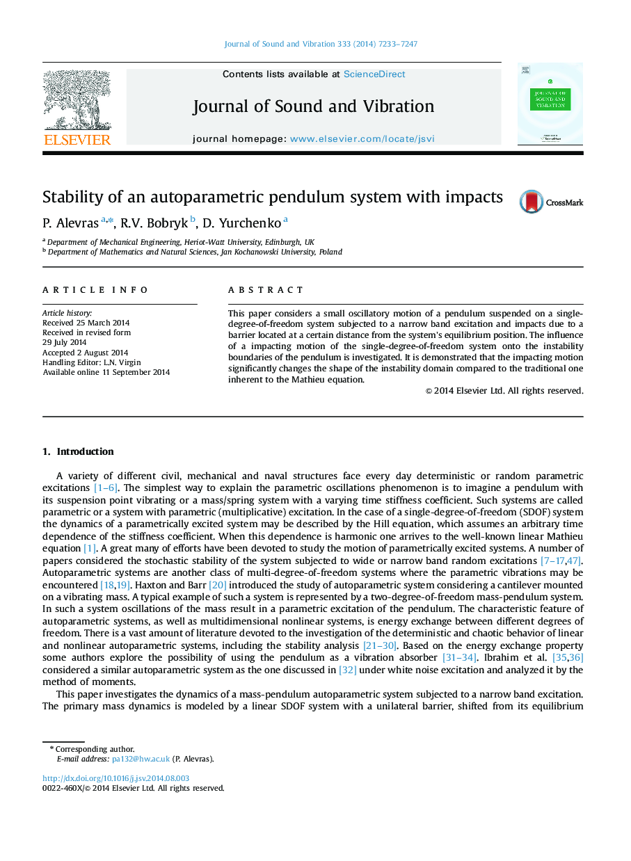 Stability of an autoparametric pendulum system with impacts