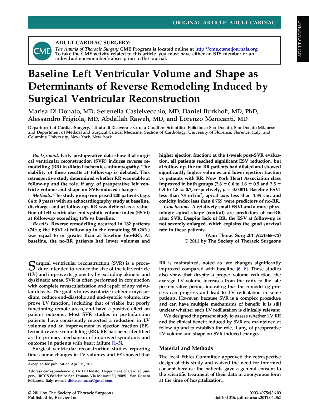 Baseline Left Ventricular Volume and Shape as Determinants of Reverse Remodeling Induced by Surgical Ventricular Reconstruction