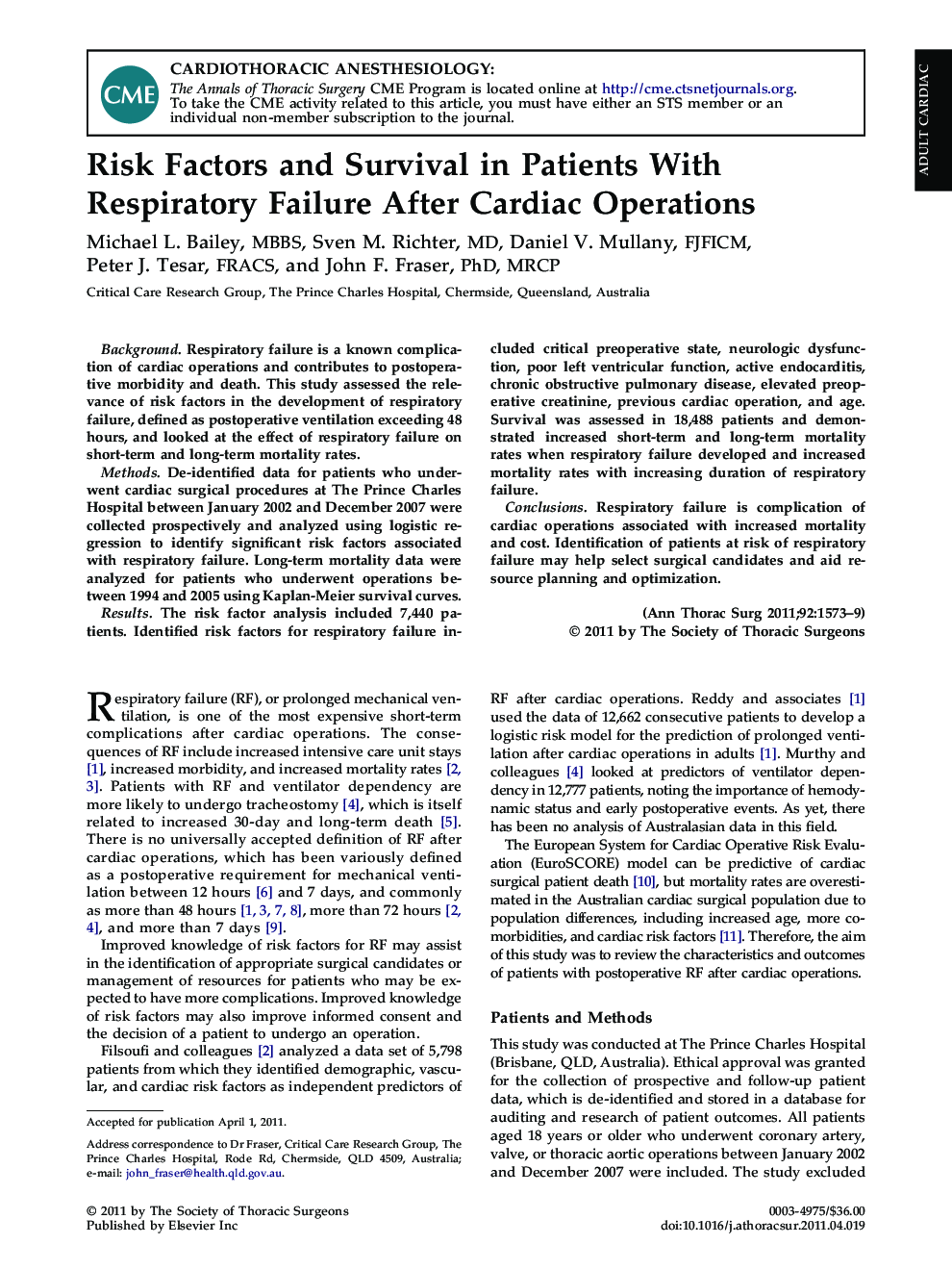 Risk Factors and Survival in Patients With Respiratory Failure After Cardiac Operations