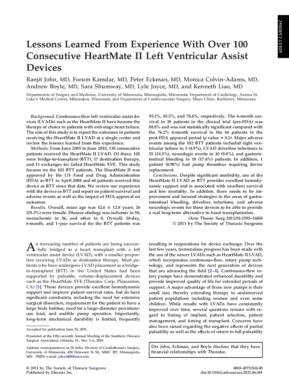 Lessons Learned From Experience With Over 100 Consecutive HeartMate II Left Ventricular Assist Devices