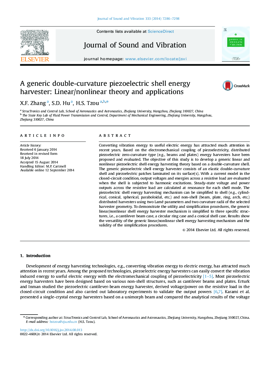 A generic double-curvature piezoelectric shell energy harvester: Linear/nonlinear theory and applications