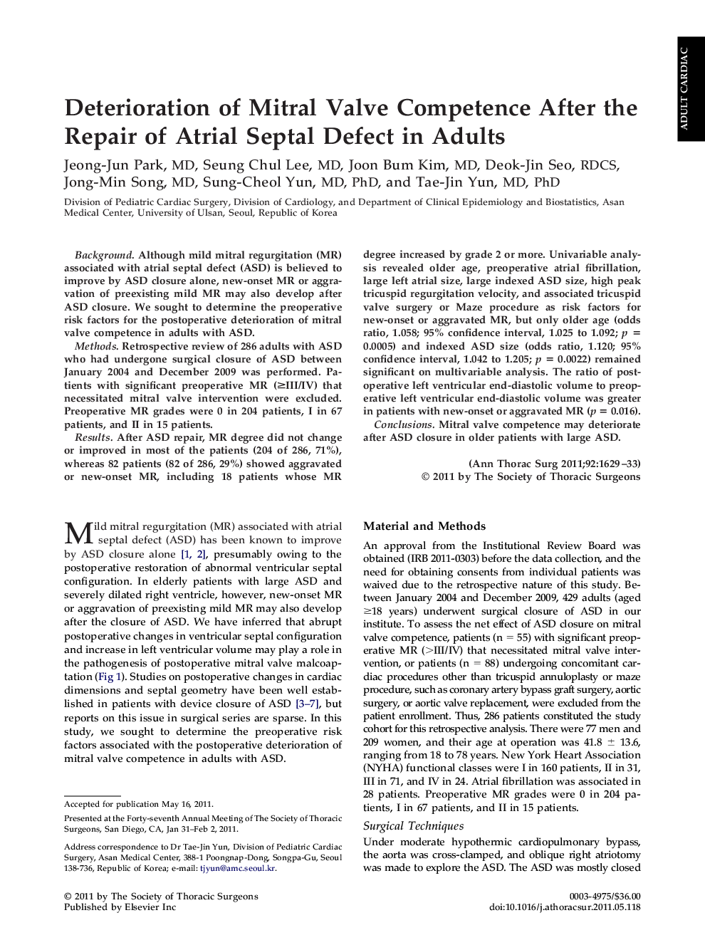 Deterioration of Mitral Valve Competence After the Repair of Atrial Septal Defect in Adults
