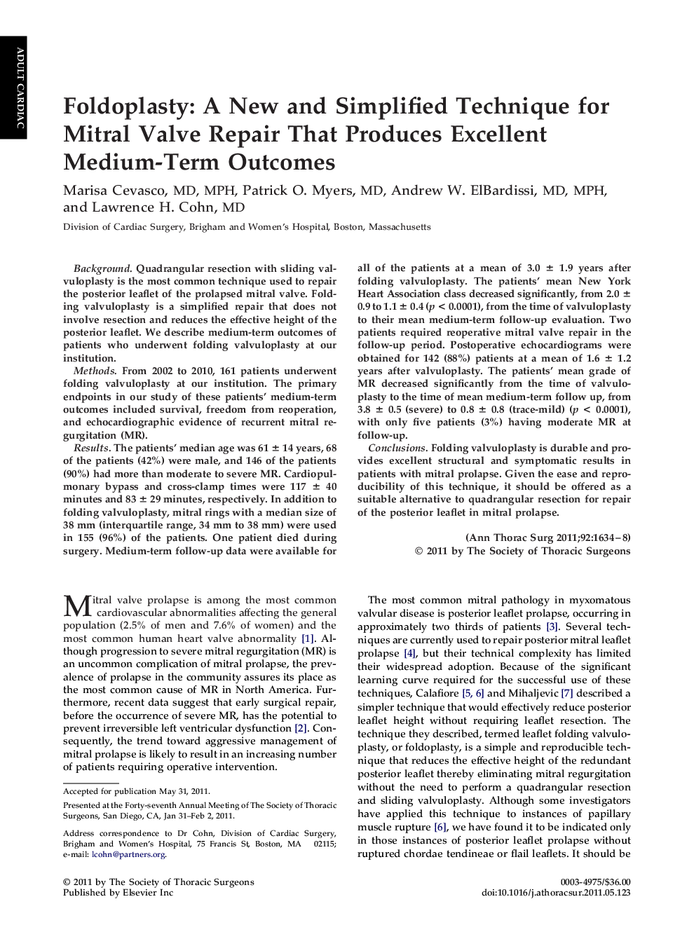 Foldoplasty: A New and Simplified Technique for Mitral Valve Repair That Produces Excellent Medium-Term Outcomes