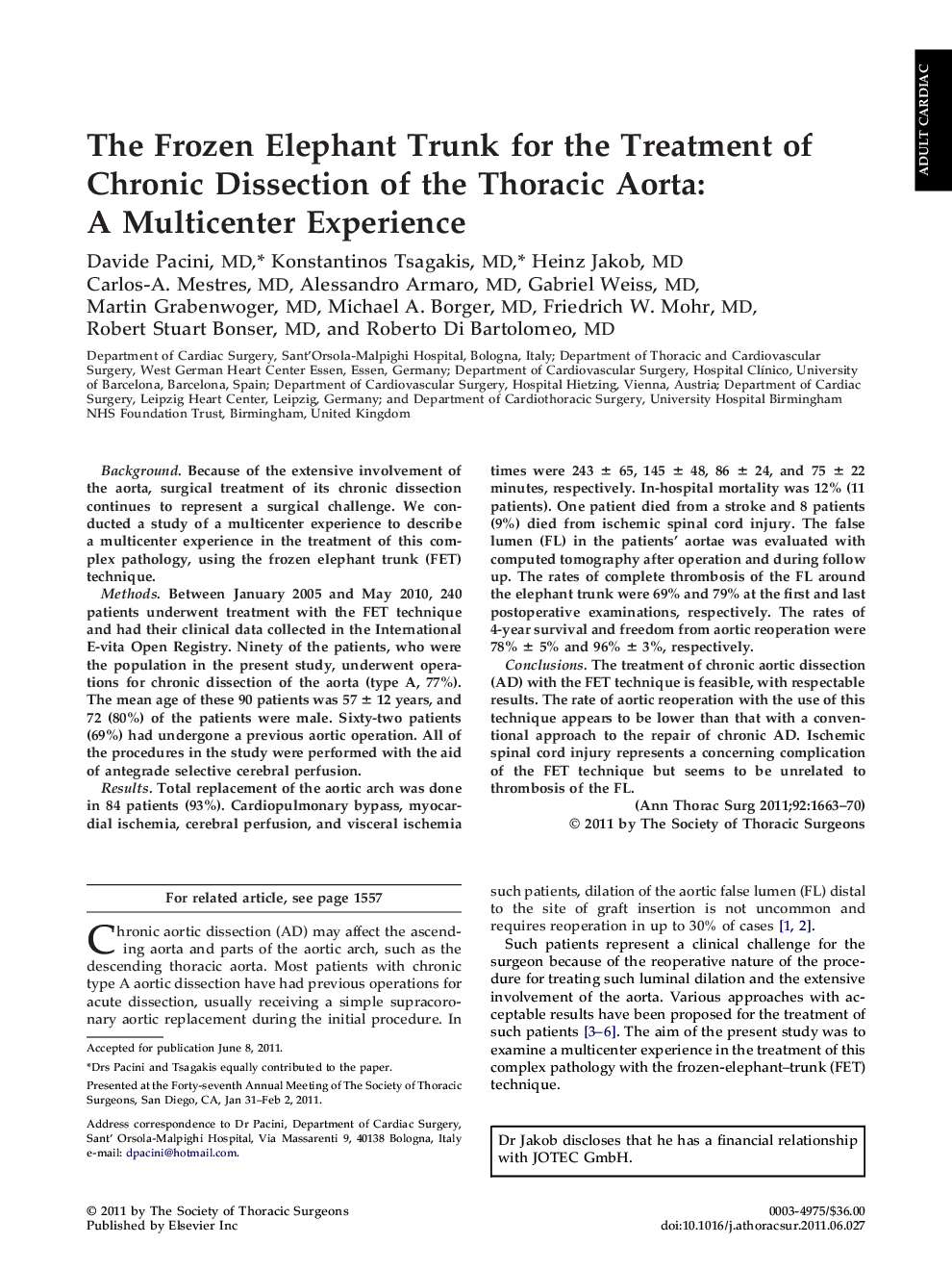 The Frozen Elephant Trunk for the Treatment of Chronic Dissection of the Thoracic Aorta: A Multicenter Experience