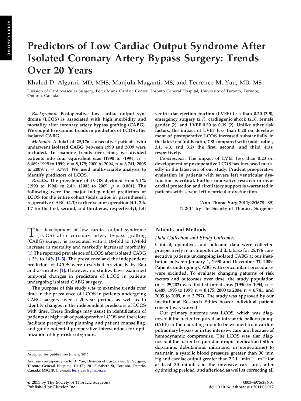Predictors of Low Cardiac Output Syndrome After Isolated Coronary Artery Bypass Surgery: Trends Over 20 Years