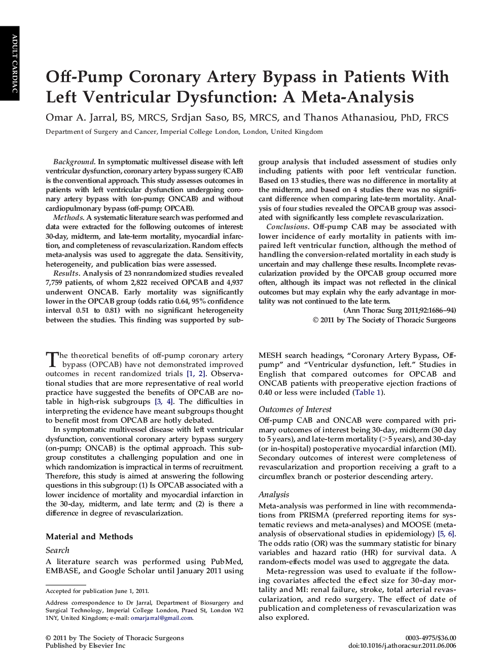 Off-Pump Coronary Artery Bypass in Patients With Left Ventricular Dysfunction: A Meta-Analysis