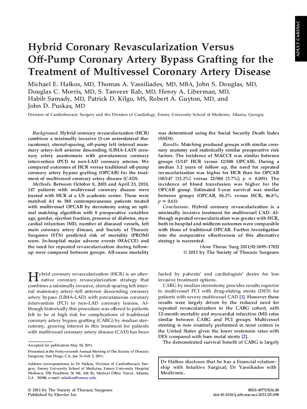 Hybrid Coronary Revascularization Versus Off-Pump Coronary Artery Bypass Grafting for the Treatment of Multivessel Coronary Artery Disease