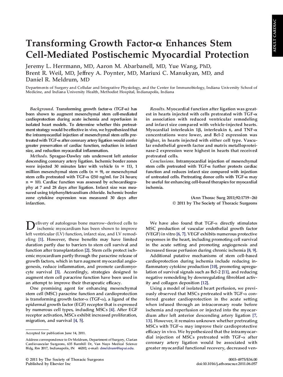 Transforming Growth Factor-Î± Enhances Stem Cell-Mediated Postischemic Myocardial Protection