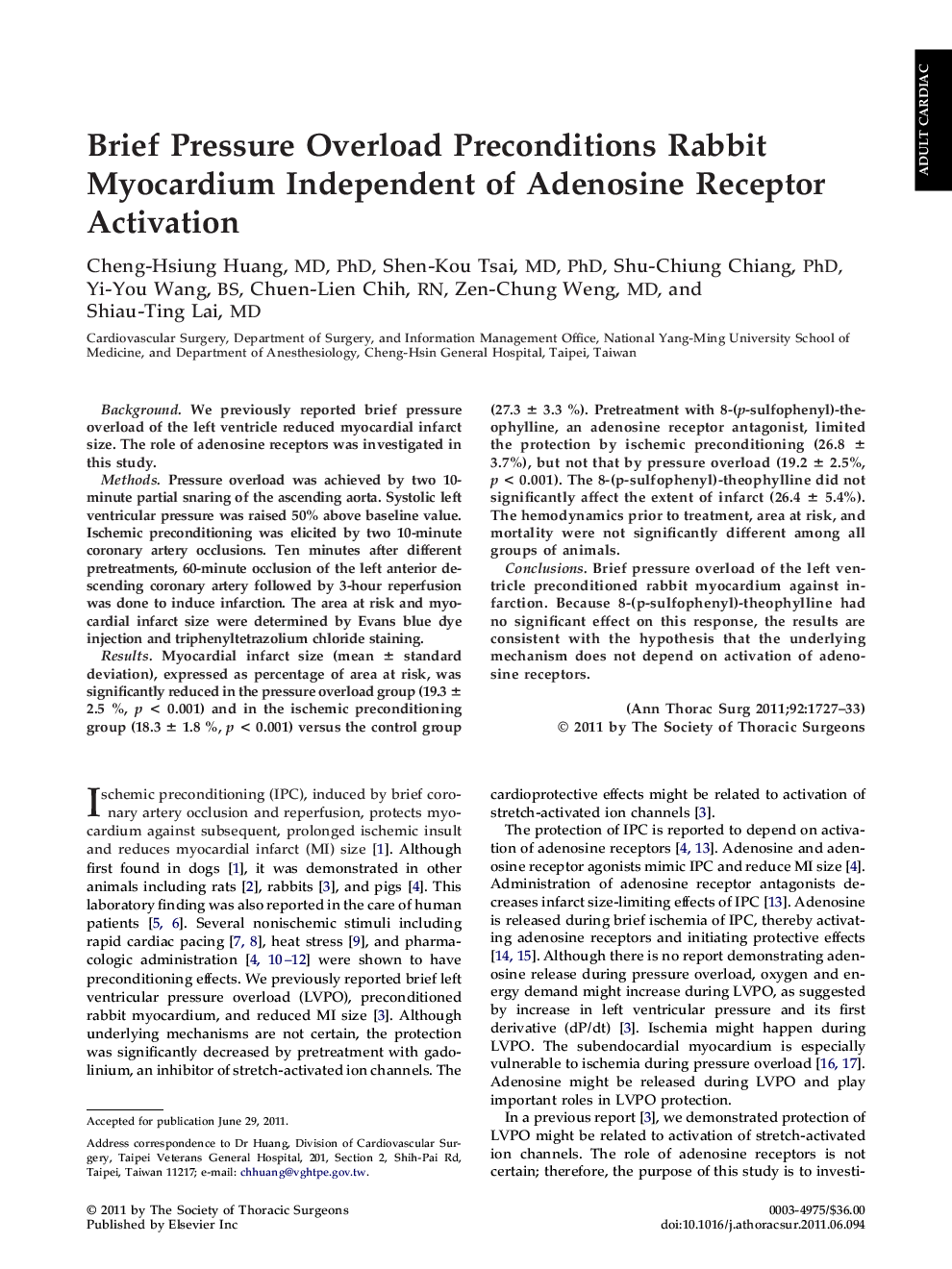 Brief Pressure Overload Preconditions Rabbit Myocardium Independent of Adenosine Receptor Activation